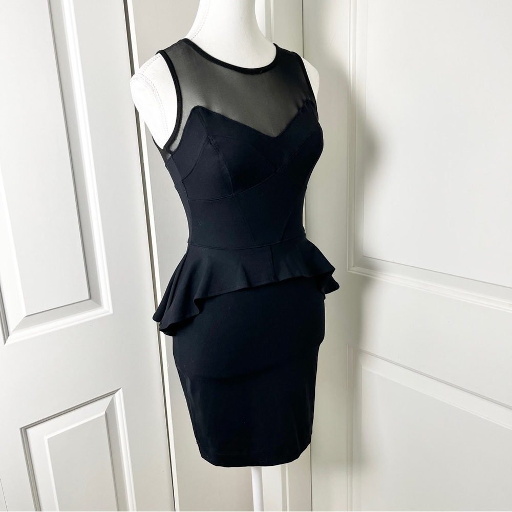 Bebe Glam Black Sleeveless Peplum Cocktail Dress w/ Illusion Neckline - XXS - Picture 3 of 13